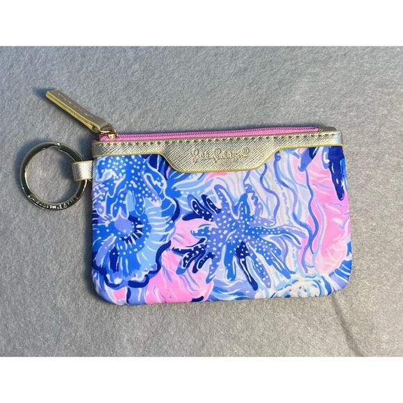 Lilly Pulitzer Zip ID Case Coin Pouch Card Holder Keychain Pink Blue Floral - Picture 1 of 8